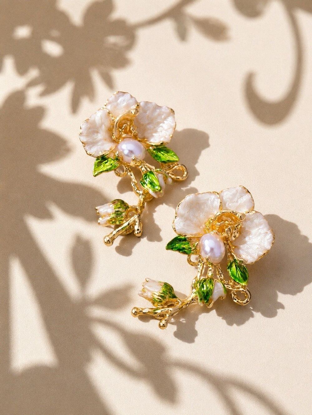Anthropologie Flower Pearl Earrings Branch Statement Boho Cottagecore Boho Retro